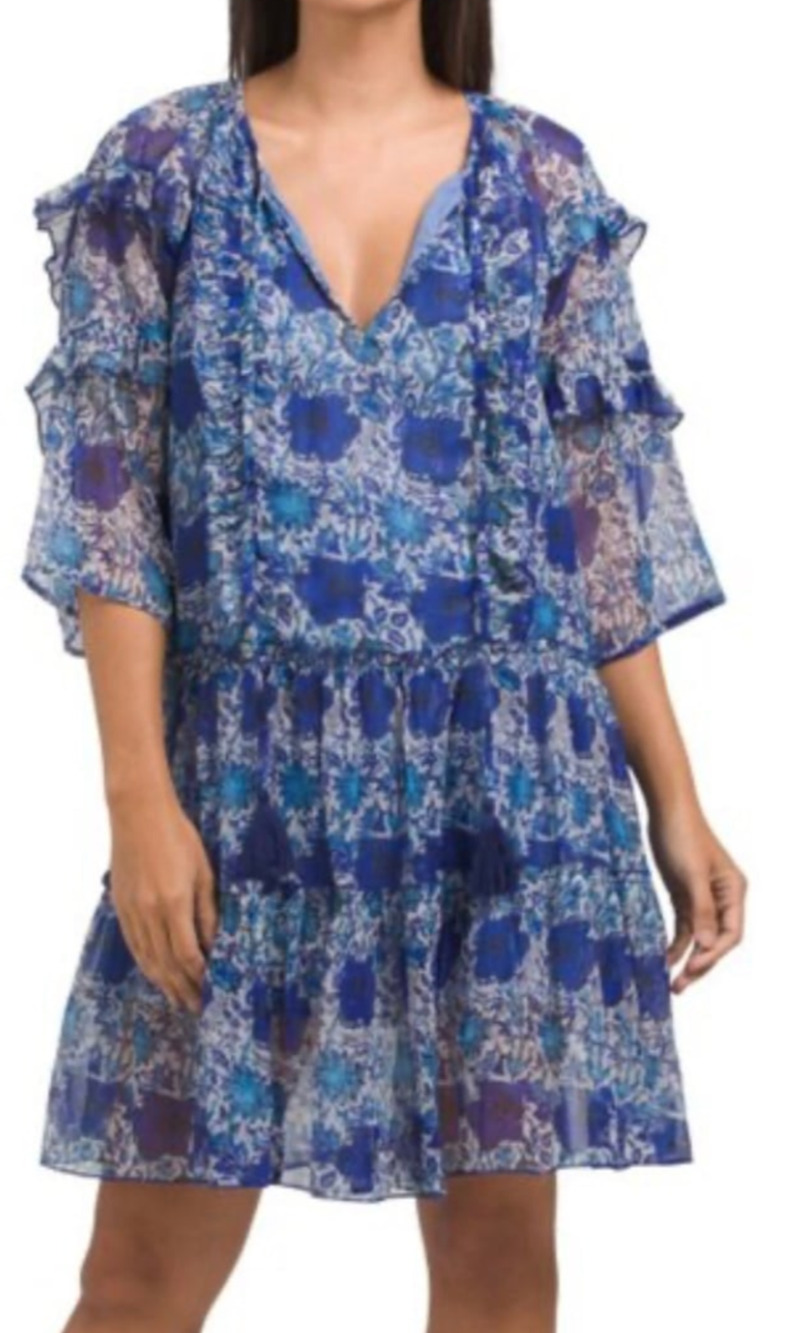 Debbie Katz sheer ruffled floral dress Size Sm Blue Boho Romantic Feminine Retro